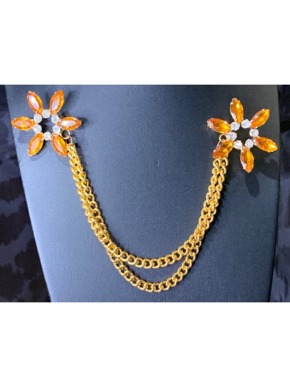 Vintage Gold Tone Double Sweater Chain Orange Rhinestone Flower Brooch